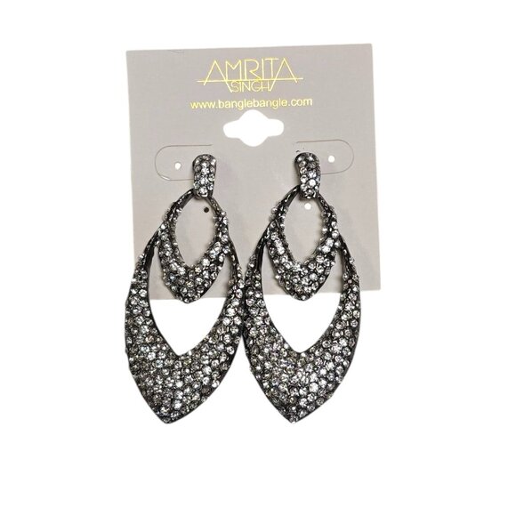 Amrita Singh Women's Gunmetal Plated Crystal Dangle Earrings NWT - Picture 2 of 3